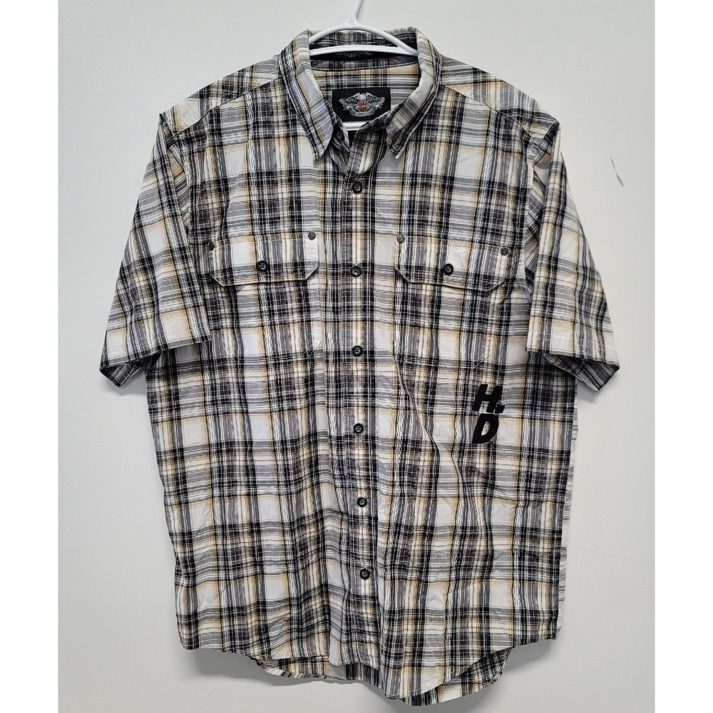 Harley Davidson Short Sleeve Plaid Shirt Mens XL Mechanic‎ Work Embroidered